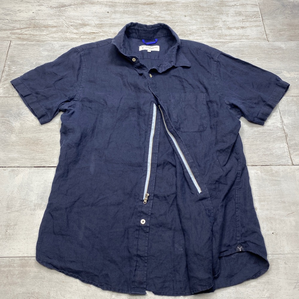 Teddy Stratford Zip Fit Shirt Mens 4 Navy Blue Linen Short Sleeve Button Down